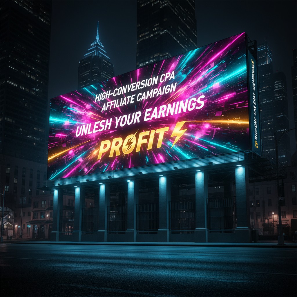 "High-Conversion CPA Affiliate Campaign Billboard in Urban Setting at Night"