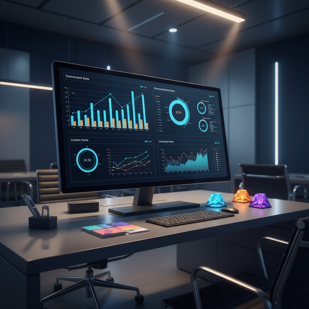 An office with a computer presenting various graphs.