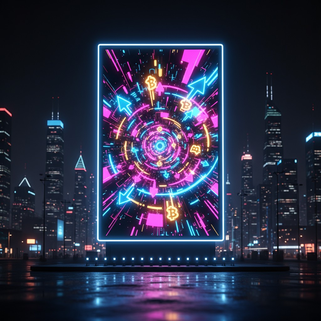*A high-tech city skyline with a futuristic neon display at its center. The display features a glowing, swirling vortex of...