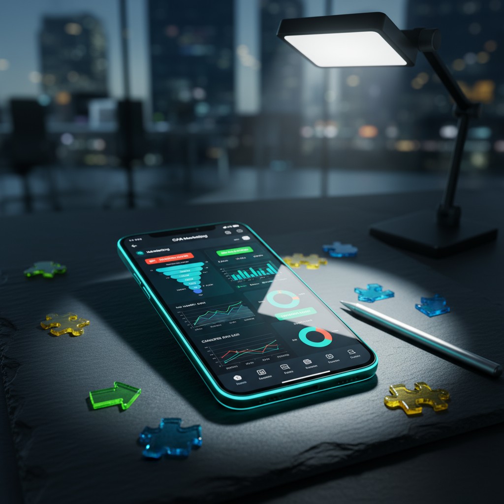 A smartphone displaying a marketing dashboard lies on a dark table, with a desk lamp and puzzle pieces nearby.