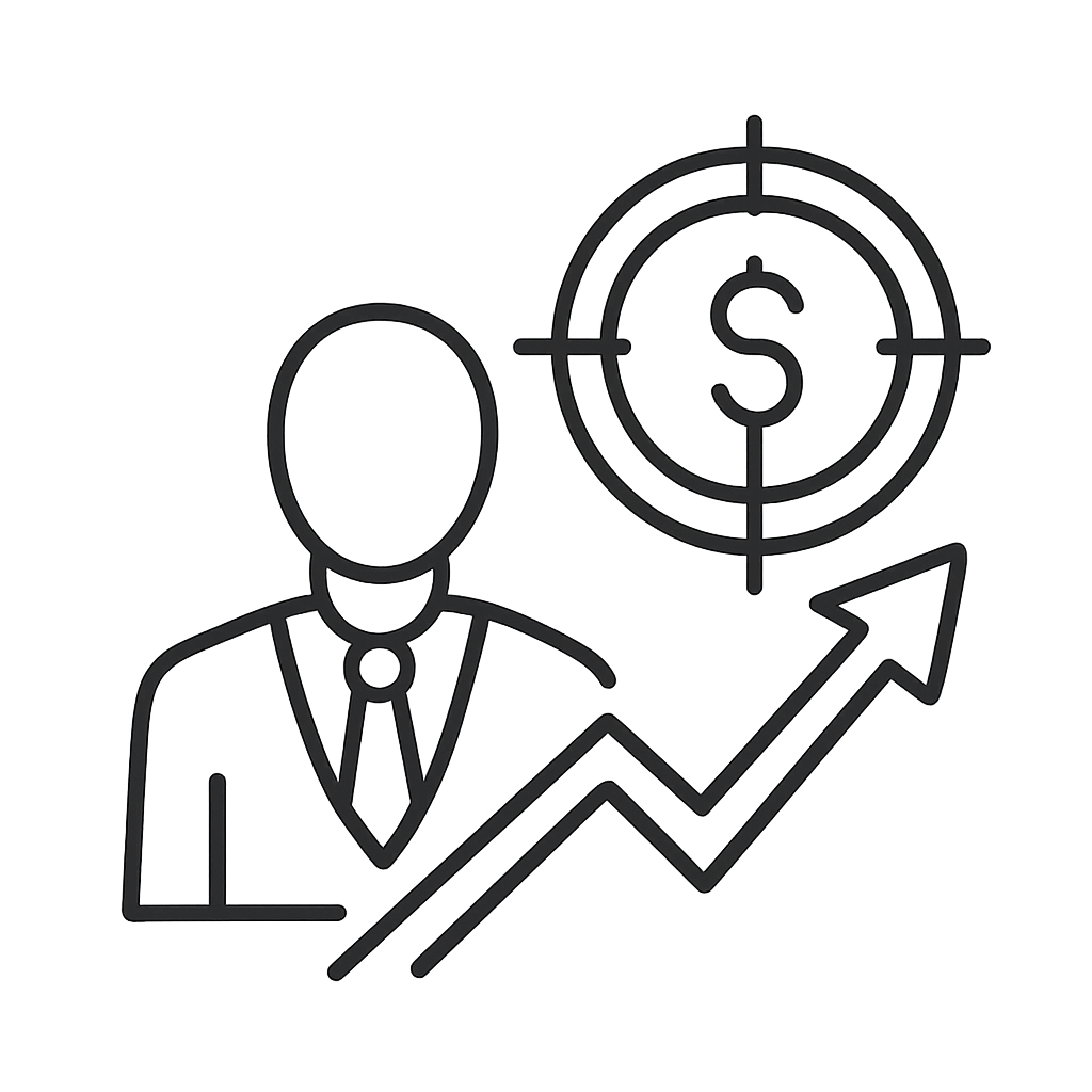 An outline drawing of a stickperson wearing a suit, with a target on a dollar sign symbol behind him, above a rising arrow...